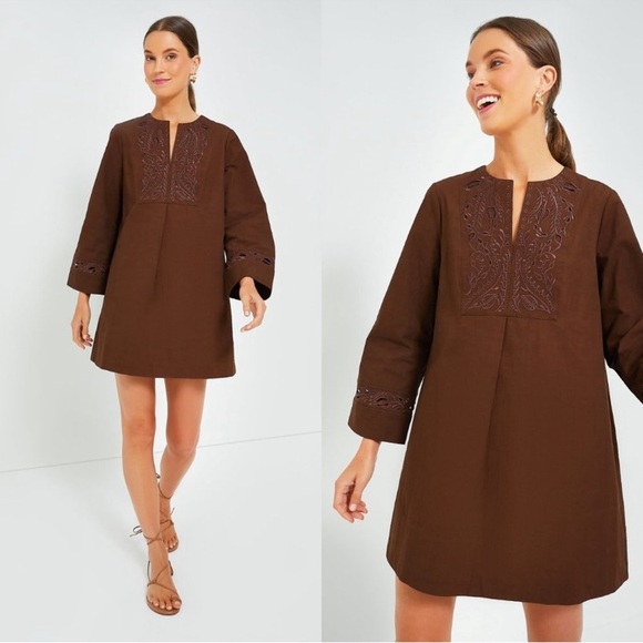 Tuckernuck Tahlia Embroidered Mini Dress XXS Brown Kimono Sleeve NWT Boho Chic - Picture 2 of 6